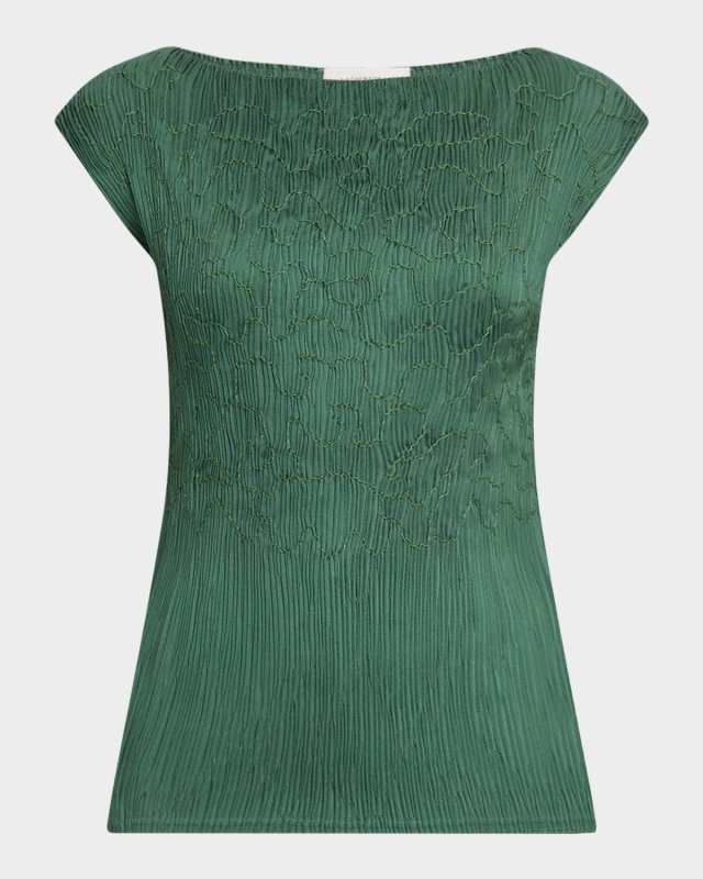 Cap-Sleeve Embroidered Plisse Blous